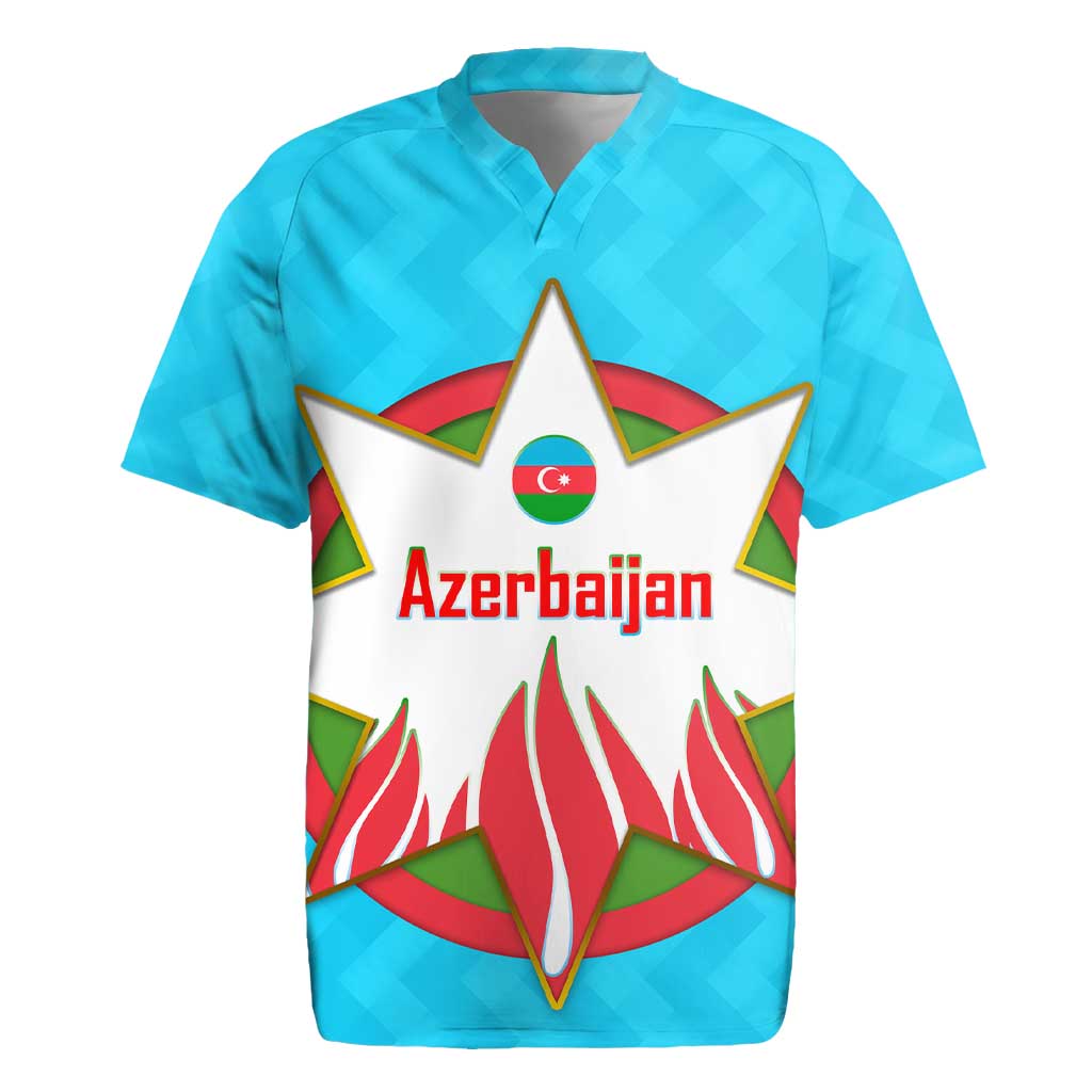 Azerbaijan National Emblem Rugby Jersey with Star and Flame Design in Sky Blue