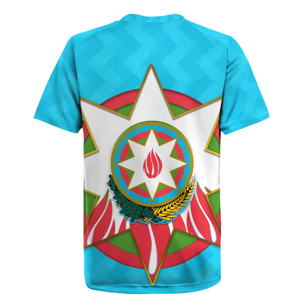 Azerbaijan National Emblem Rugby Jersey with Star and Flame Design in Sky Blue