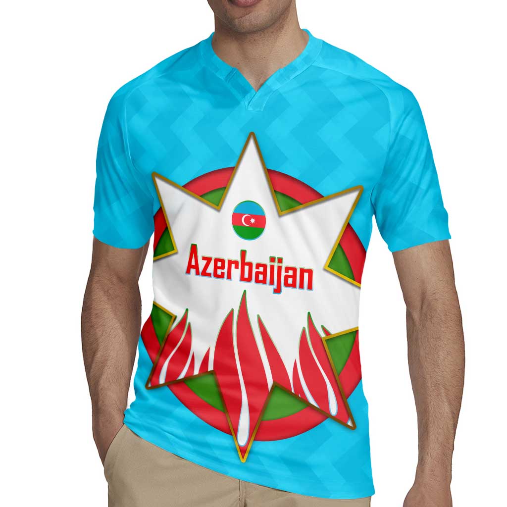 Azerbaijan National Emblem Rugby Jersey with Star and Flame Design in Sky Blue