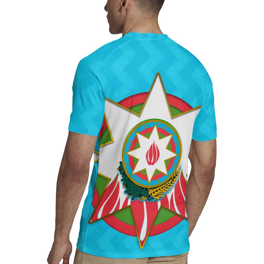 Azerbaijan National Emblem Rugby Jersey with Star and Flame Design in Sky Blue