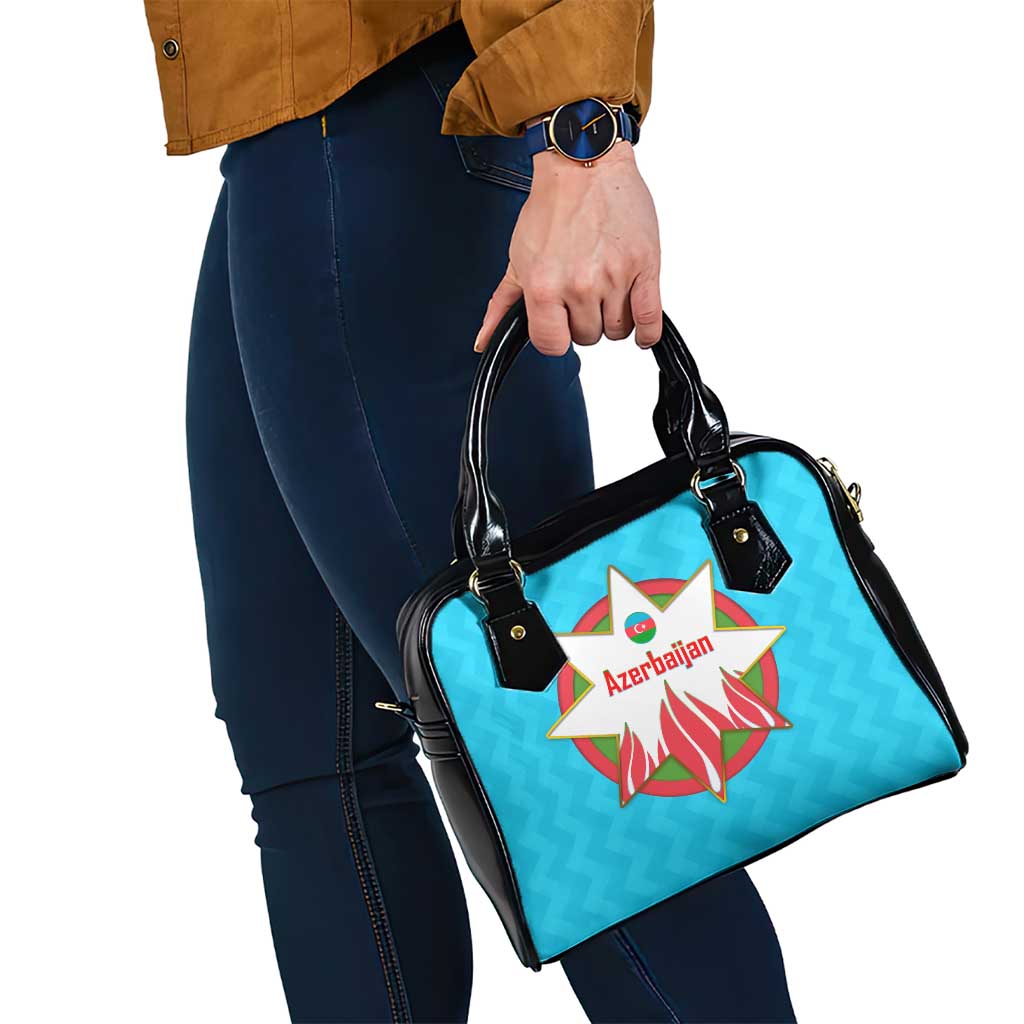 Azerbaijan National Emblem Shoulder Handbag with Star and Flame Design in Sky Blue