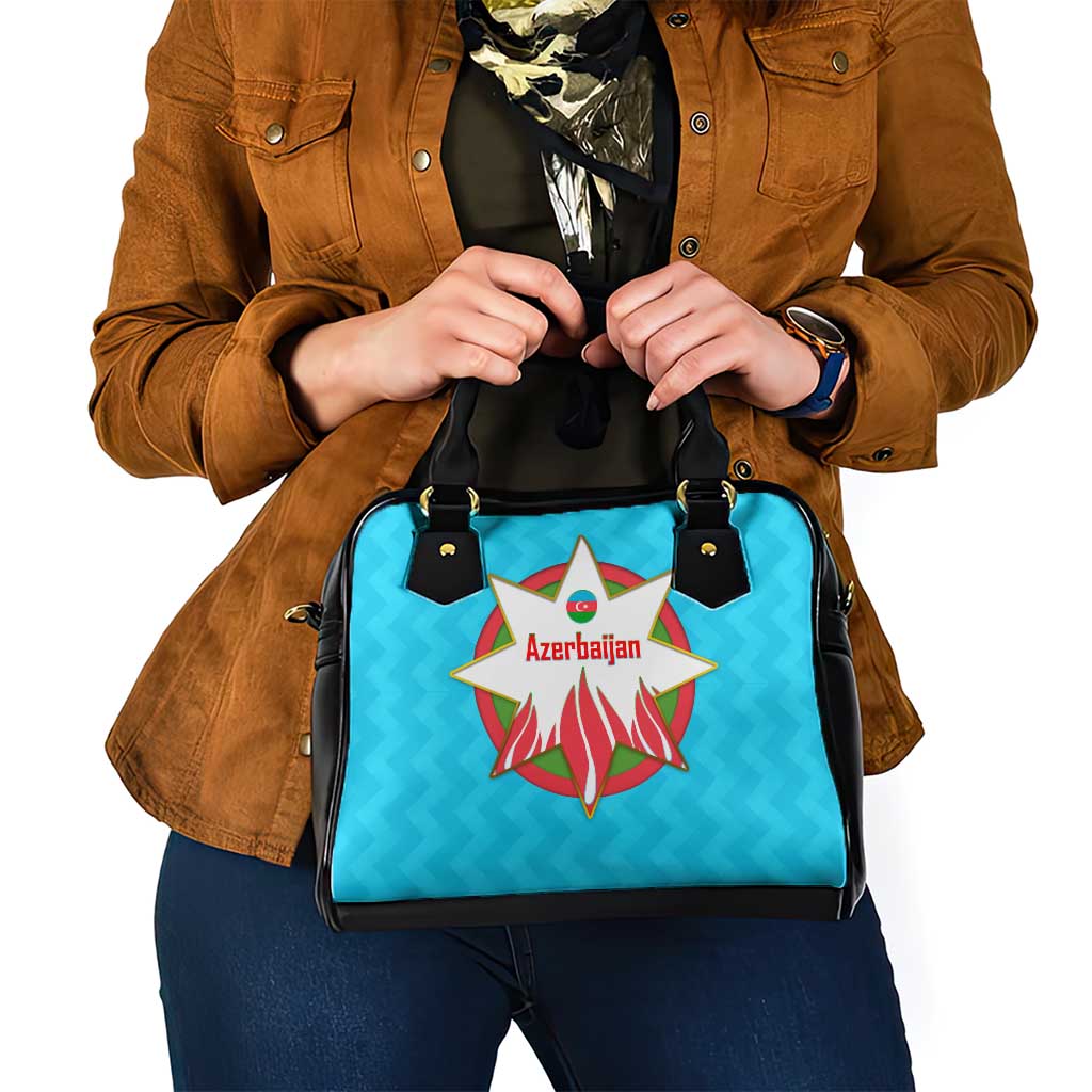 Azerbaijan National Emblem Shoulder Handbag with Star and Flame Design in Sky Blue