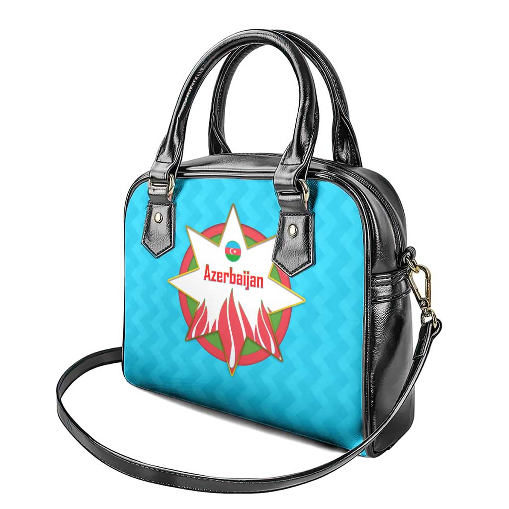 Azerbaijan National Emblem Shoulder Handbag with Star and Flame Design in Sky Blue