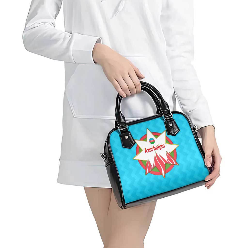 Azerbaijan National Emblem Shoulder Handbag with Star and Flame Design in Sky Blue