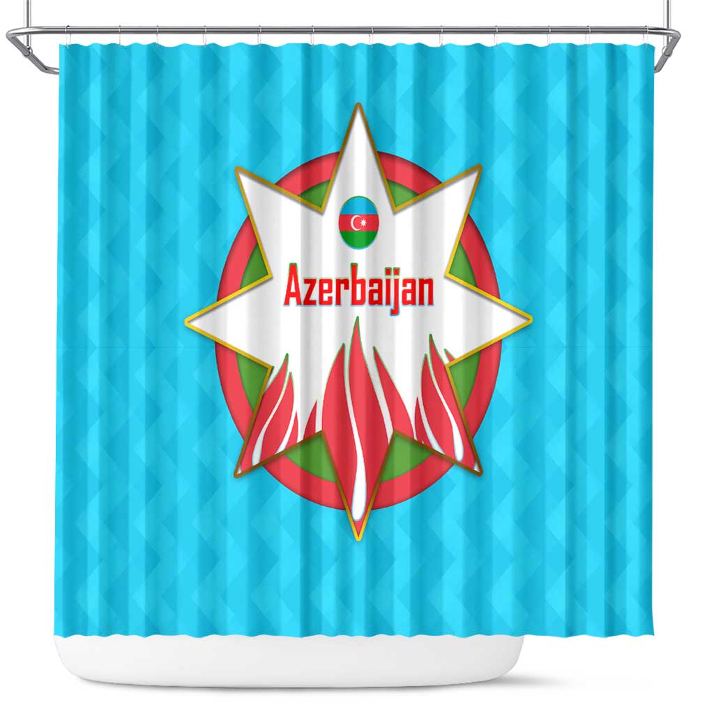 Azerbaijan National Emblem Shower Curtain with Star and Flame Design in Sky Blue