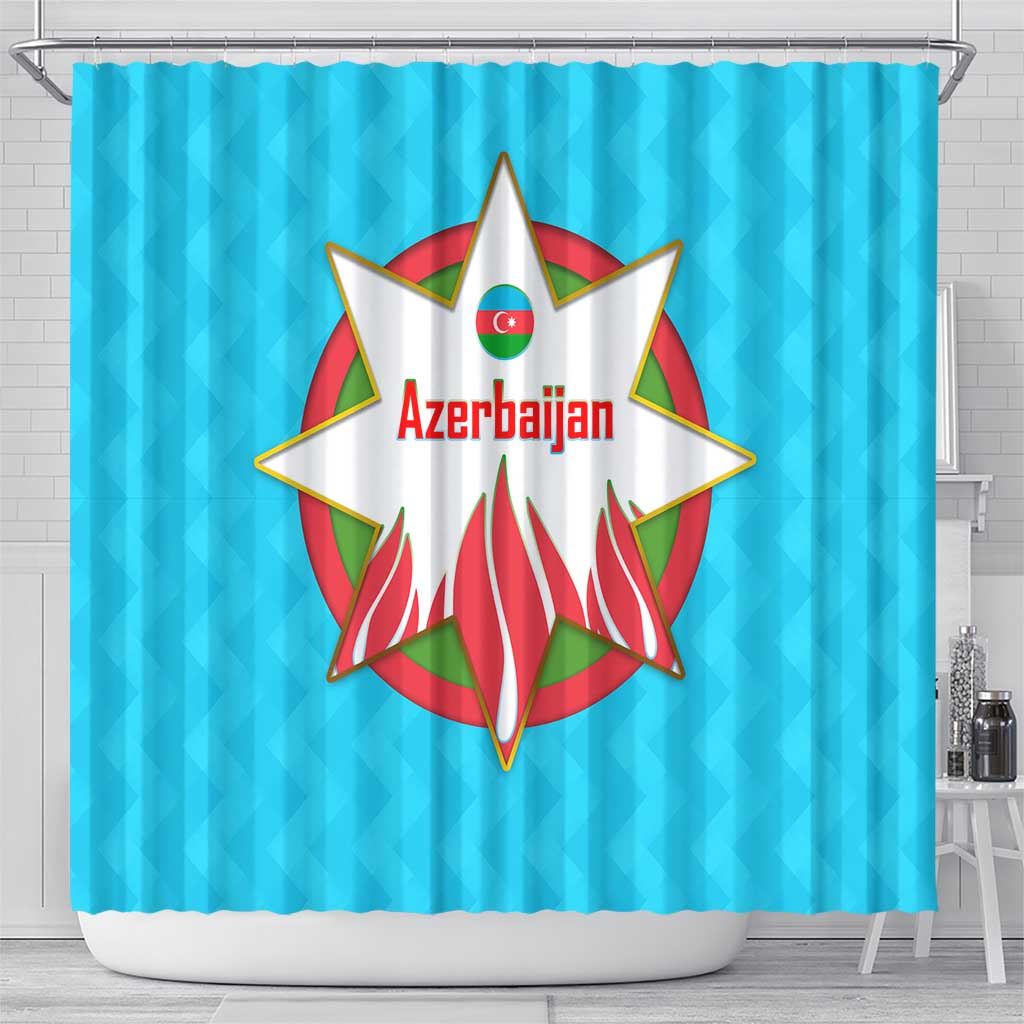 Azerbaijan National Emblem Shower Curtain with Star and Flame Design in Sky Blue