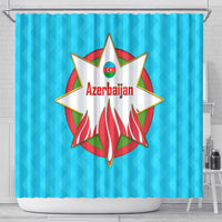 Azerbaijan National Emblem Shower Curtain with Star and Flame Design in Sky Blue