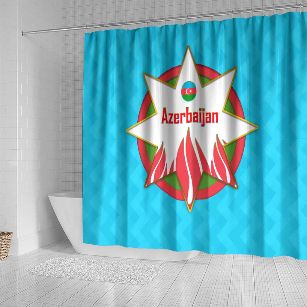Azerbaijan National Emblem Shower Curtain with Star and Flame Design in Sky Blue