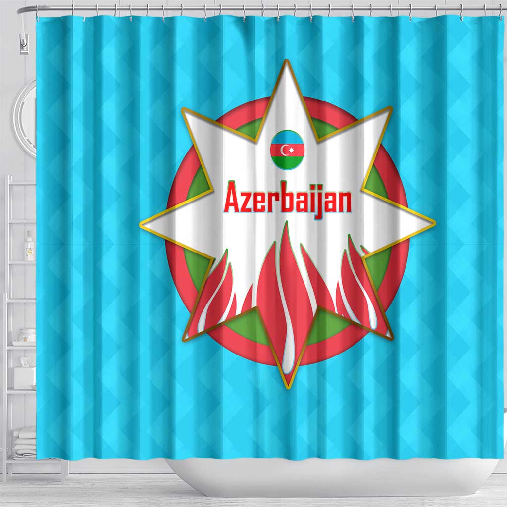 Azerbaijan National Emblem Shower Curtain with Star and Flame Design in Sky Blue