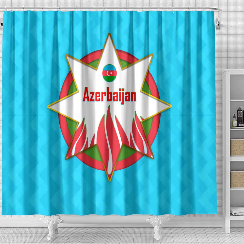 Azerbaijan National Emblem Shower Curtain with Star and Flame Design in Sky Blue