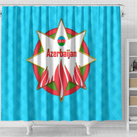 Azerbaijan National Emblem Shower Curtain with Star and Flame Design in Sky Blue