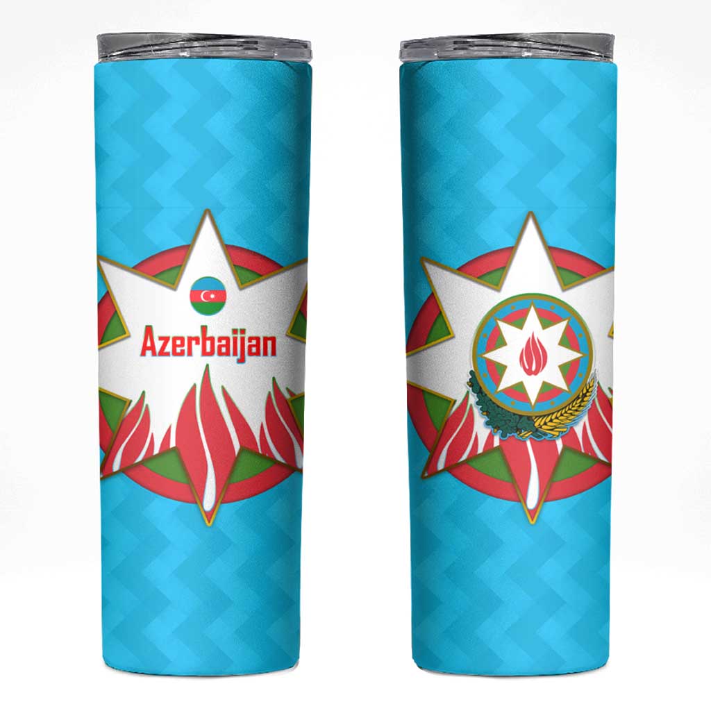 Azerbaijan National Emblem Skinny Tumbler with Star and Flame Design in Sky Blue