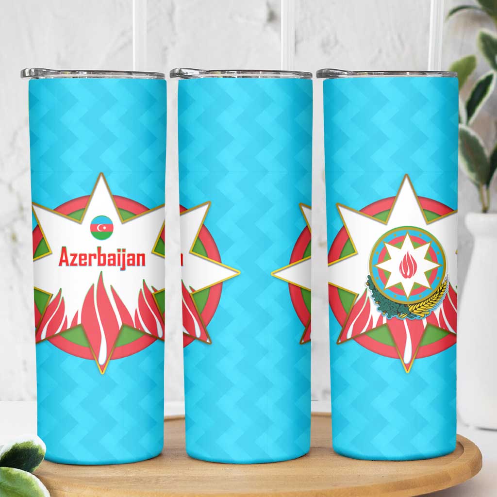 Azerbaijan National Emblem Skinny Tumbler with Star and Flame Design in Sky Blue