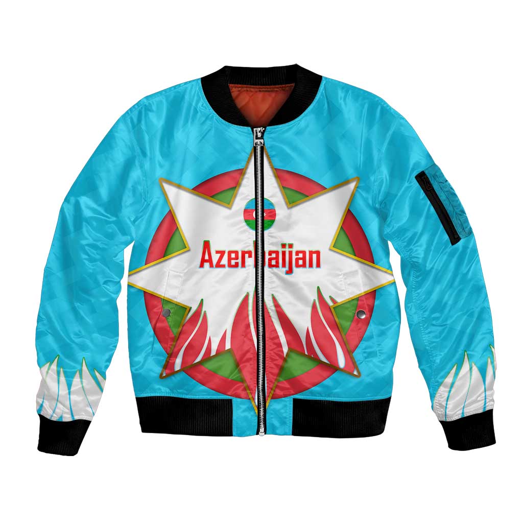 Azerbaijan National Emblem Sleeve Zip Bomber Jacket with Star and Flame Design in Sky Blue