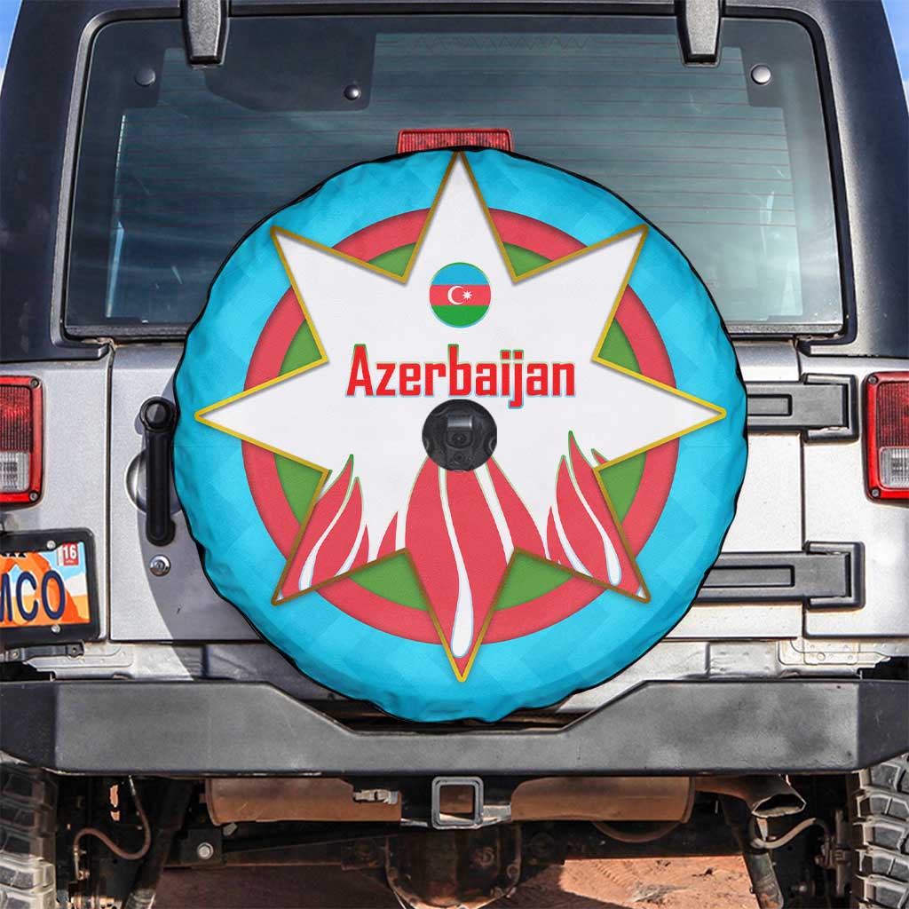 Azerbaijan National Emblem Spare Tire Cover with Star and Flame Design in Sky Blue