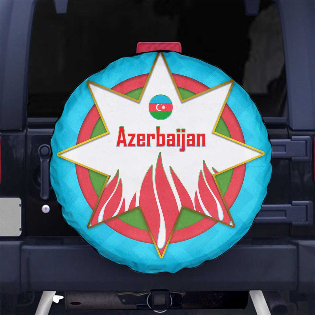 Azerbaijan National Emblem Spare Tire Cover with Star and Flame Design in Sky Blue