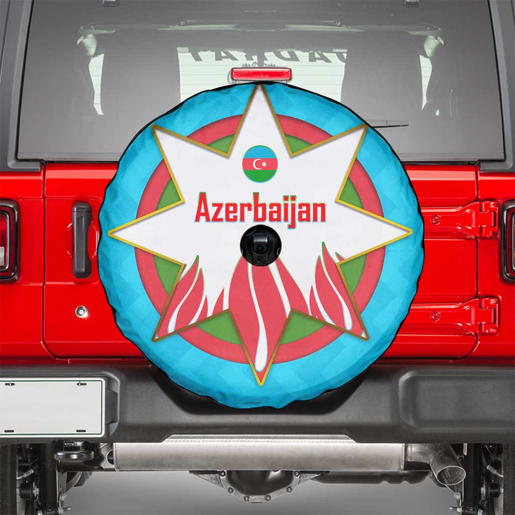 Azerbaijan National Emblem Spare Tire Cover with Star and Flame Design in Sky Blue