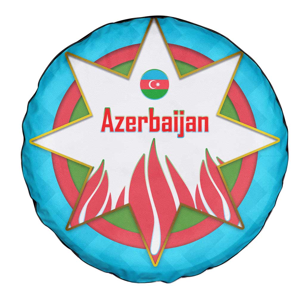 Azerbaijan National Emblem Spare Tire Cover with Star and Flame Design in Sky Blue