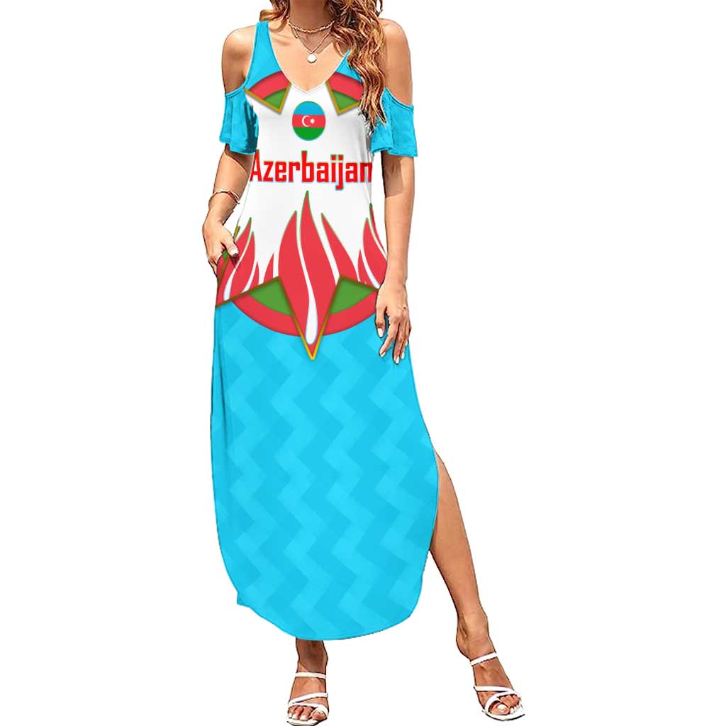 Azerbaijan National Emblem Summer Maxi Dress with Star and Flame Design in Sky Blue