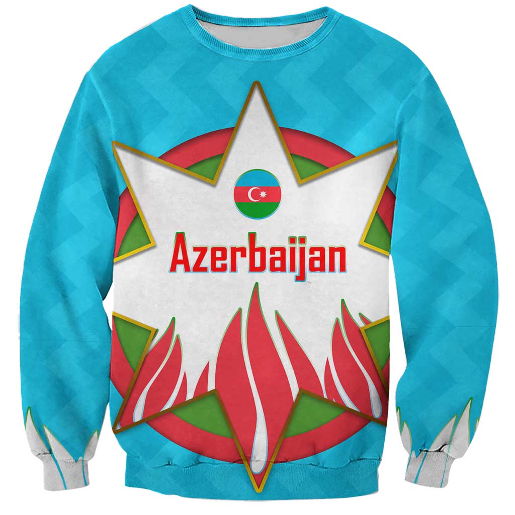 Azerbaijan National Emblem Sweatshirt with Star and Flame Design in Sky Blue