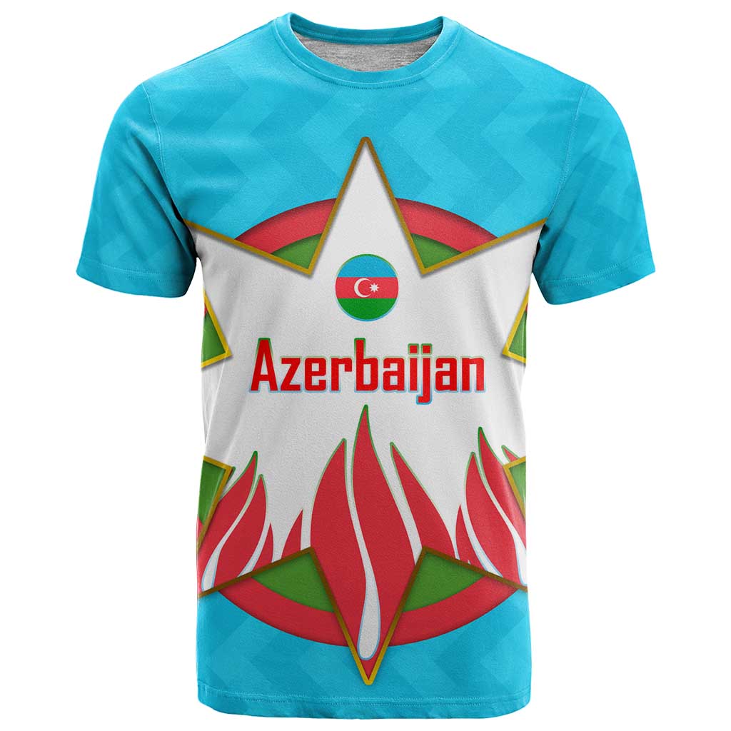 Azerbaijan National Emblem T Shirt with Star and Flame Design in Sky Blue
