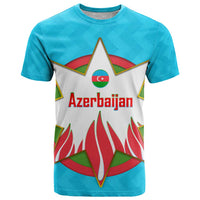 Azerbaijan National Emblem T Shirt with Star and Flame Design in Sky Blue