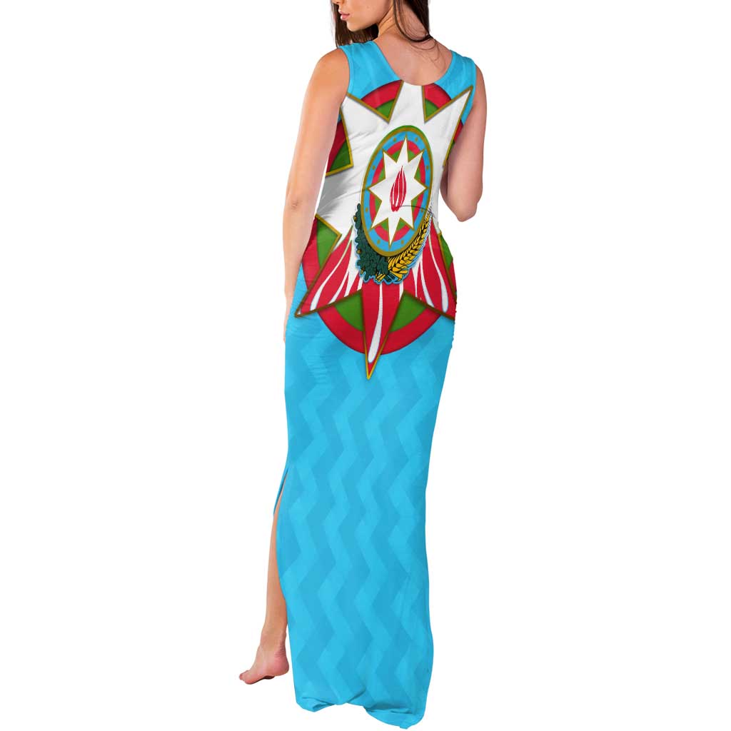 Azerbaijan National Emblem Tank Maxi Dress with Star and Flame Design in Sky Blue