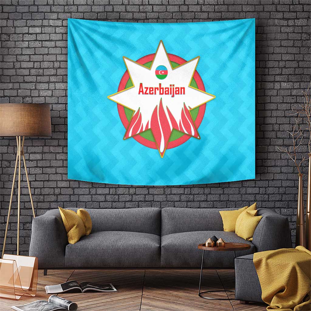 Azerbaijan National Emblem Tapestry with Star and Flame Design in Sky Blue
