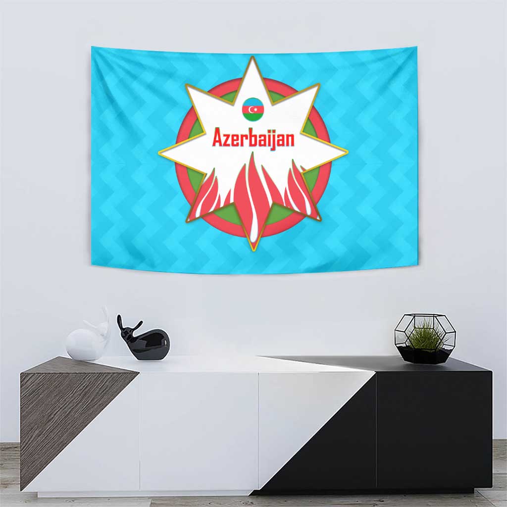 Azerbaijan National Emblem Tapestry with Star and Flame Design in Sky Blue