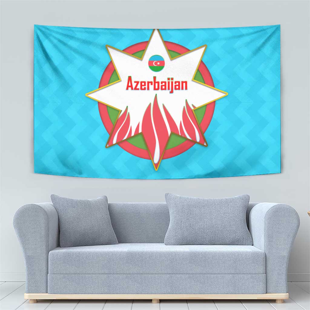 Azerbaijan National Emblem Tapestry with Star and Flame Design in Sky Blue