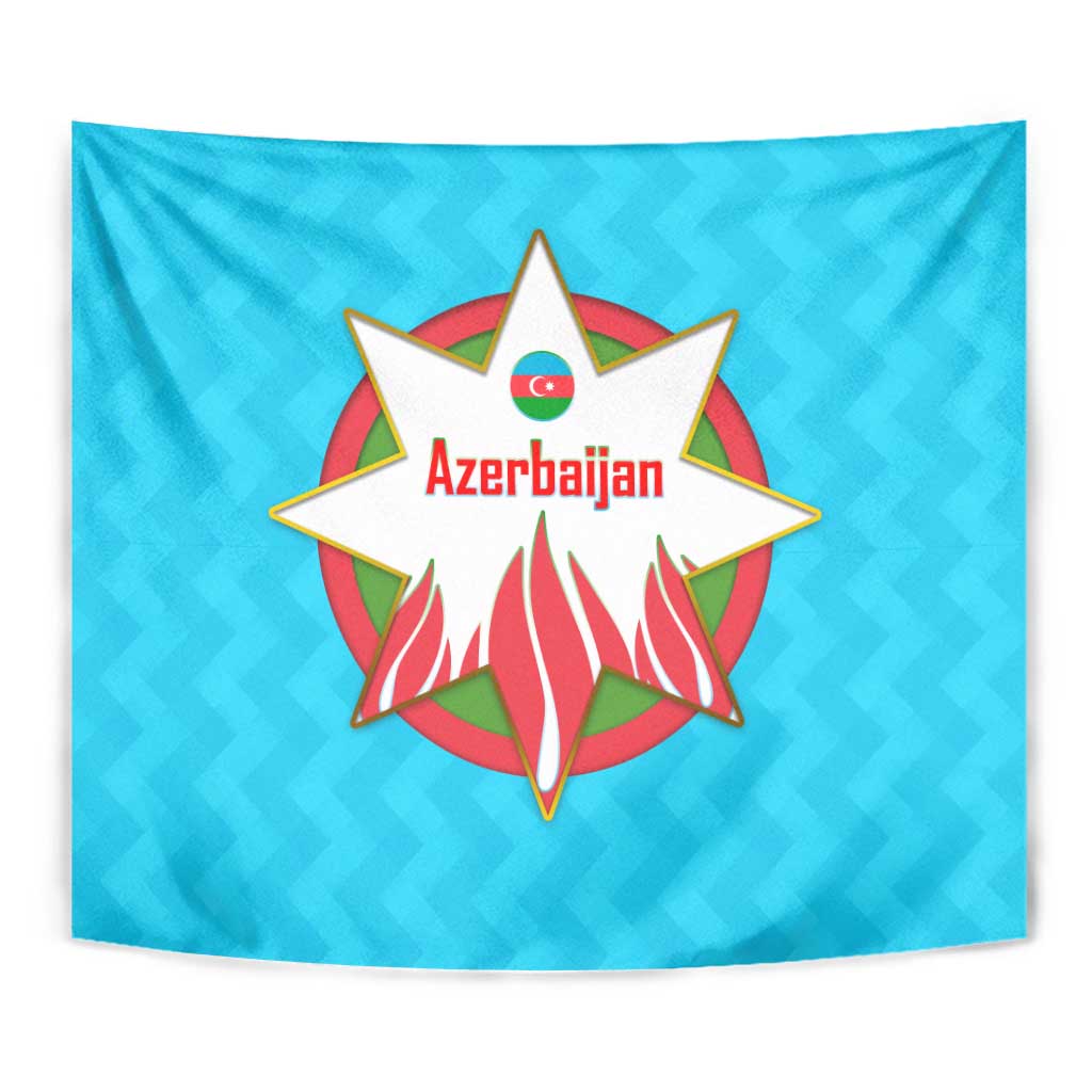 Azerbaijan National Emblem Tapestry with Star and Flame Design in Sky Blue