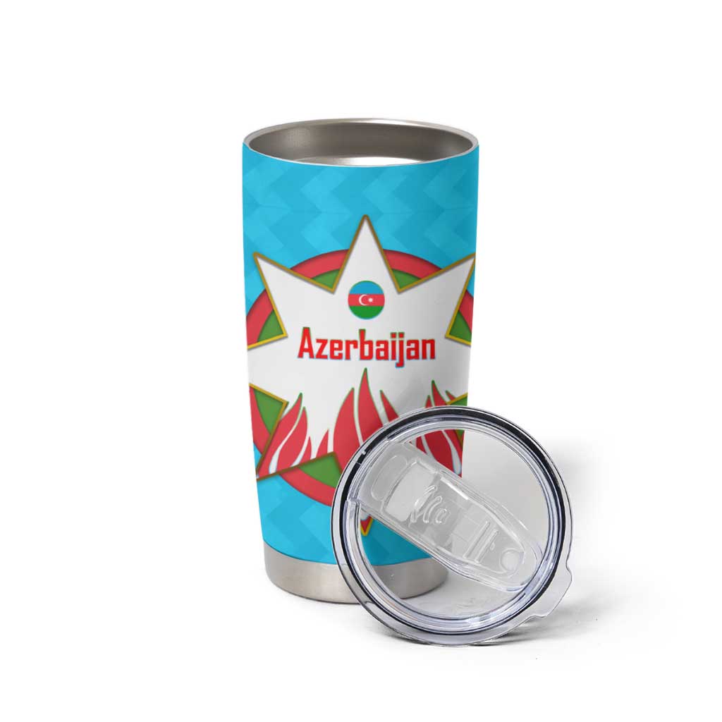 Azerbaijan National Emblem Tumbler Cup with Star and Flame Design in Sky Blue