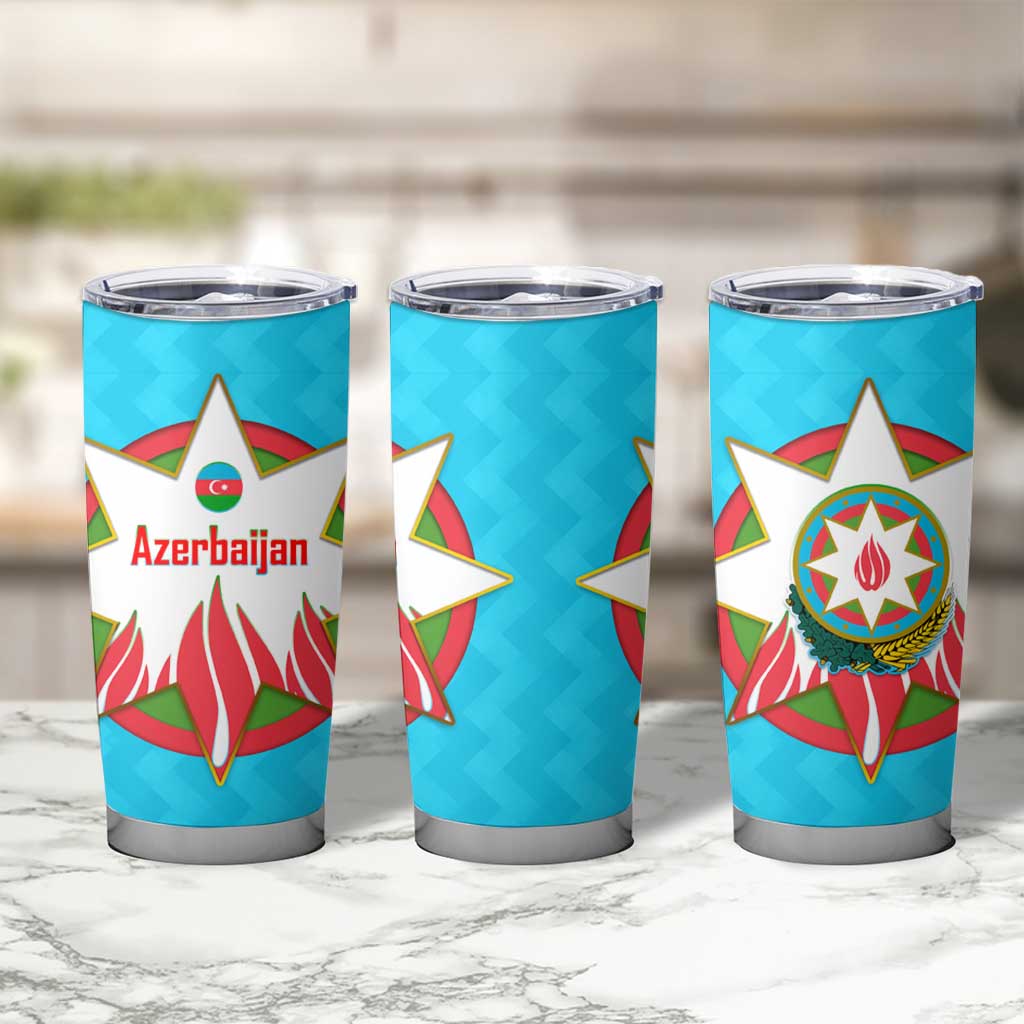 Azerbaijan National Emblem Tumbler Cup with Star and Flame Design in Sky Blue