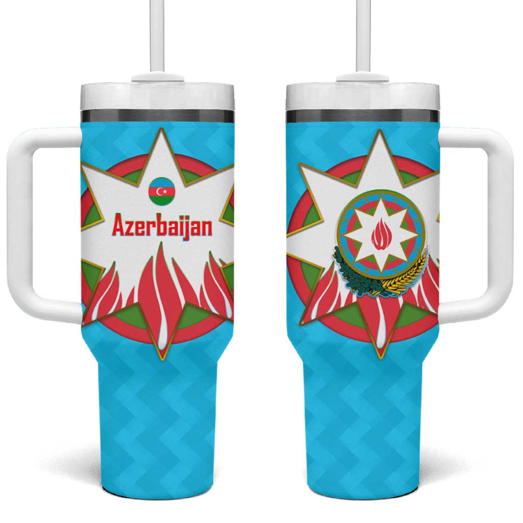 Azerbaijan National Emblem Tumbler With Handle with Star and Flame Design in Sky Blue