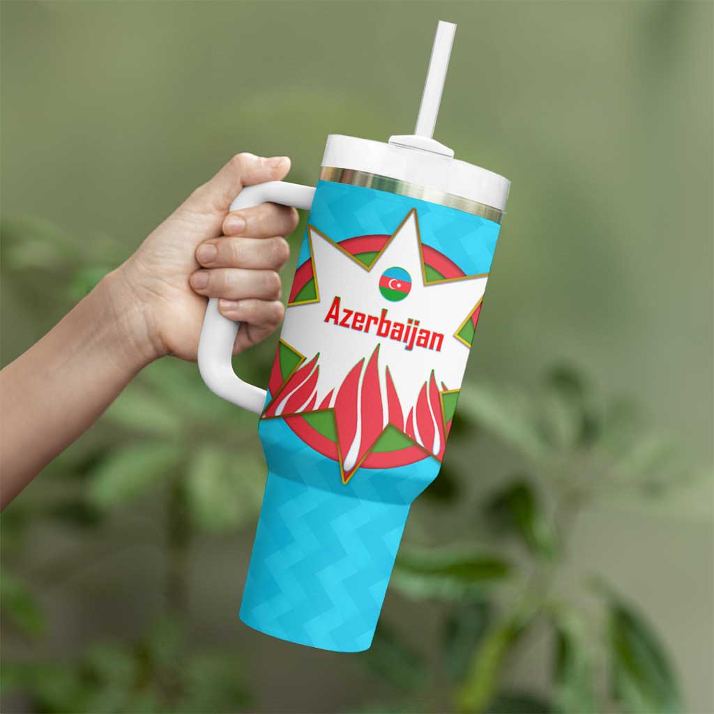 Azerbaijan National Emblem Tumbler With Handle with Star and Flame Design in Sky Blue