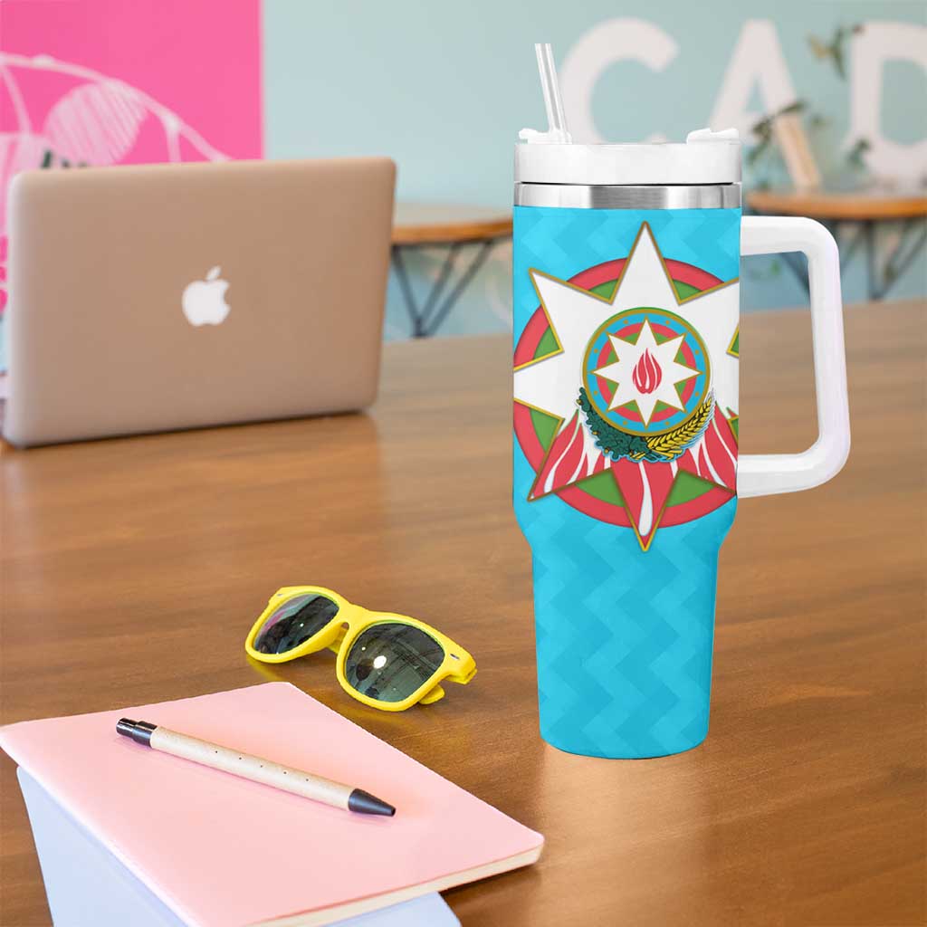 Azerbaijan National Emblem Tumbler With Handle with Star and Flame Design in Sky Blue