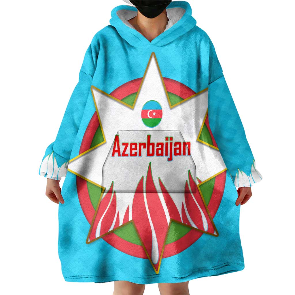 Azerbaijan National Emblem Wearable Blanket Hoodie with Star and Flame Design in Sky Blue