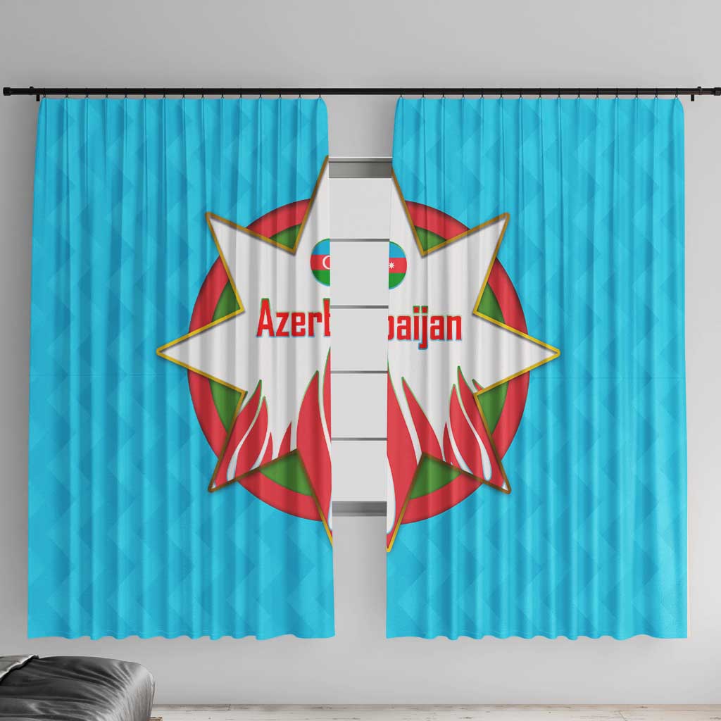 Azerbaijan National Emblem Window Curtain with Star and Flame Design in Sky Blue
