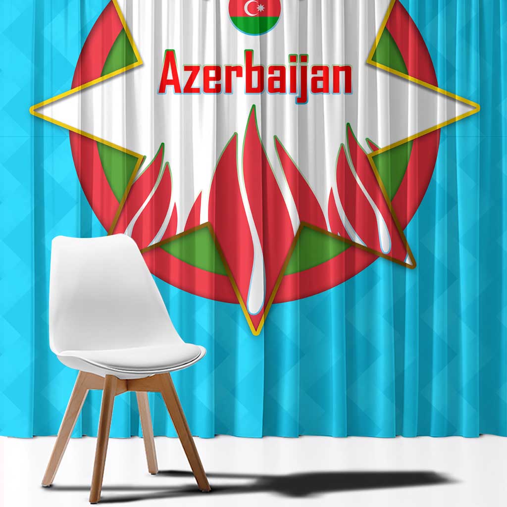 Azerbaijan National Emblem Window Curtain with Star and Flame Design in Sky Blue