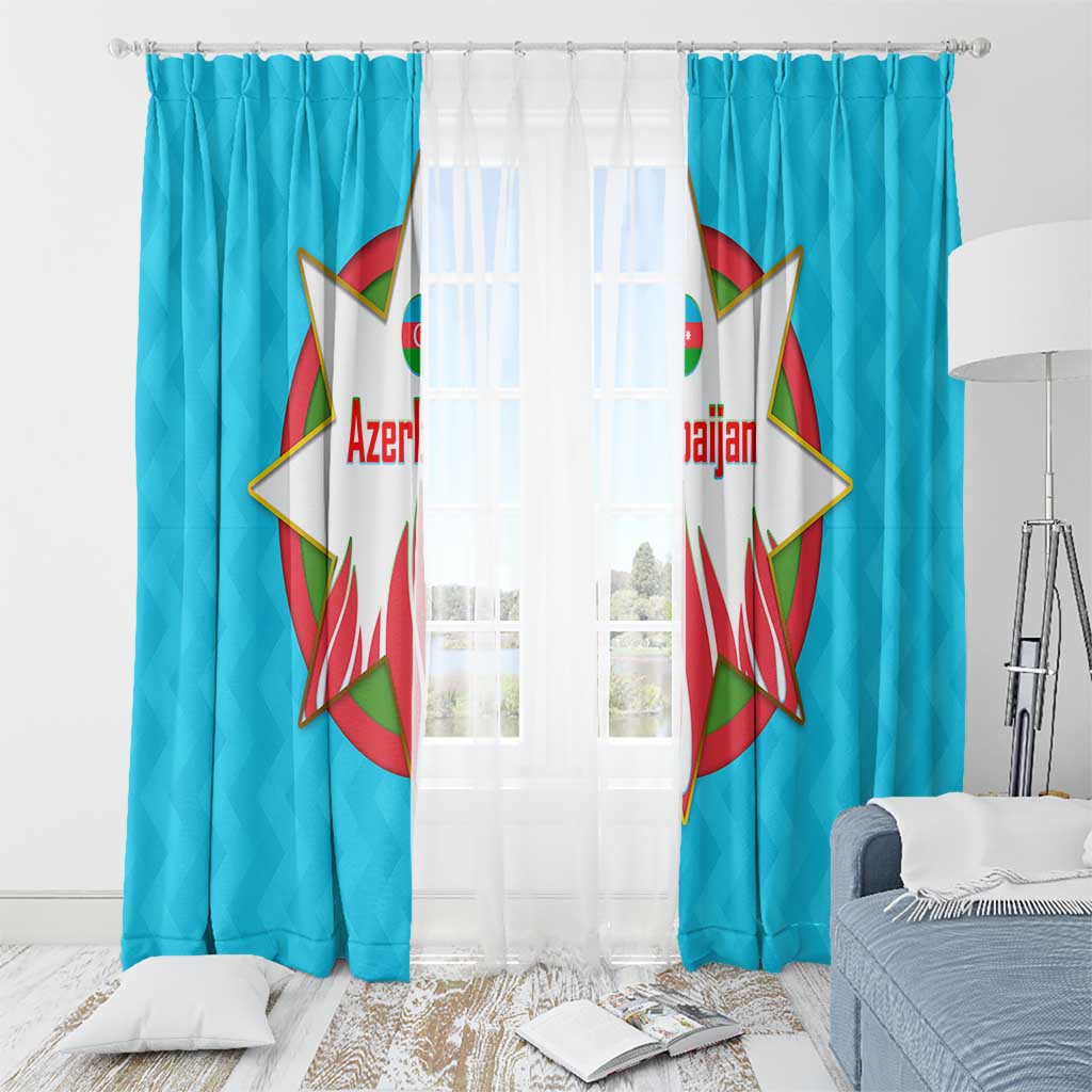 Azerbaijan National Emblem Window Curtain with Star and Flame Design in Sky Blue