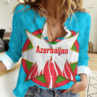 Azerbaijan National Emblem Women Casual Shirt with Star and Flame Design in Sky Blue
