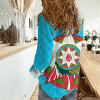 Azerbaijan National Emblem Women Casual Shirt with Star and Flame Design in Sky Blue