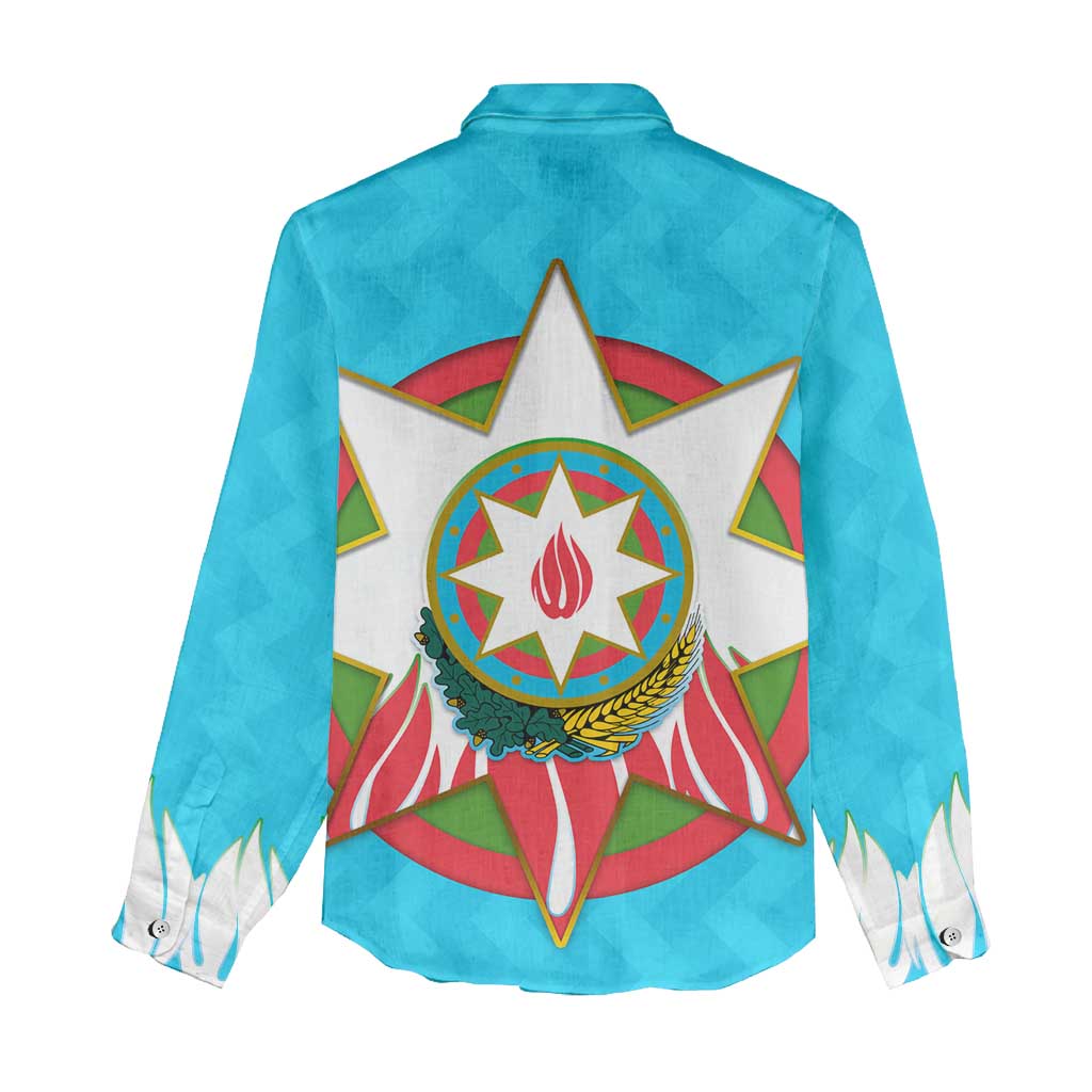 Azerbaijan National Emblem Women Casual Shirt with Star and Flame Design in Sky Blue
