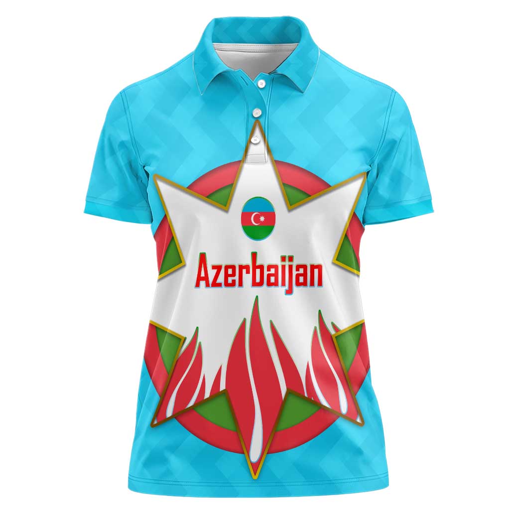 Azerbaijan National Emblem Women Polo Shirt with Star and Flame Design in Sky Blue
