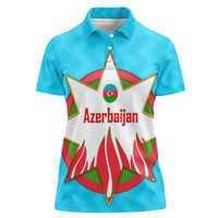 Azerbaijan National Emblem Women Polo Shirt with Star and Flame Design in Sky Blue