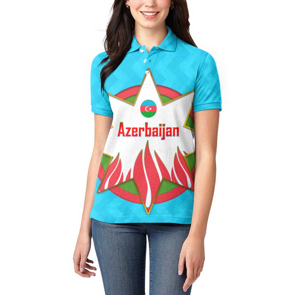 Azerbaijan National Emblem Women Polo Shirt with Star and Flame Design in Sky Blue