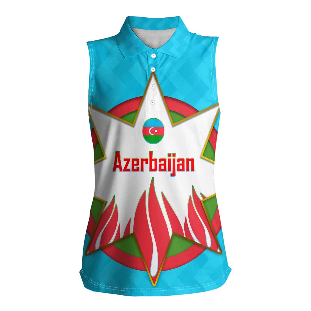 Azerbaijan National Emblem Women Sleeveless Polo Shirt with Star and Flame Design in Sky Blue