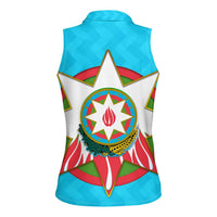 Azerbaijan National Emblem Women Sleeveless Polo Shirt with Star and Flame Design in Sky Blue