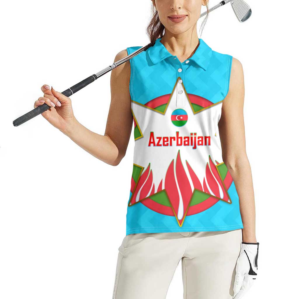 Azerbaijan National Emblem Women Sleeveless Polo Shirt with Star and Flame Design in Sky Blue
