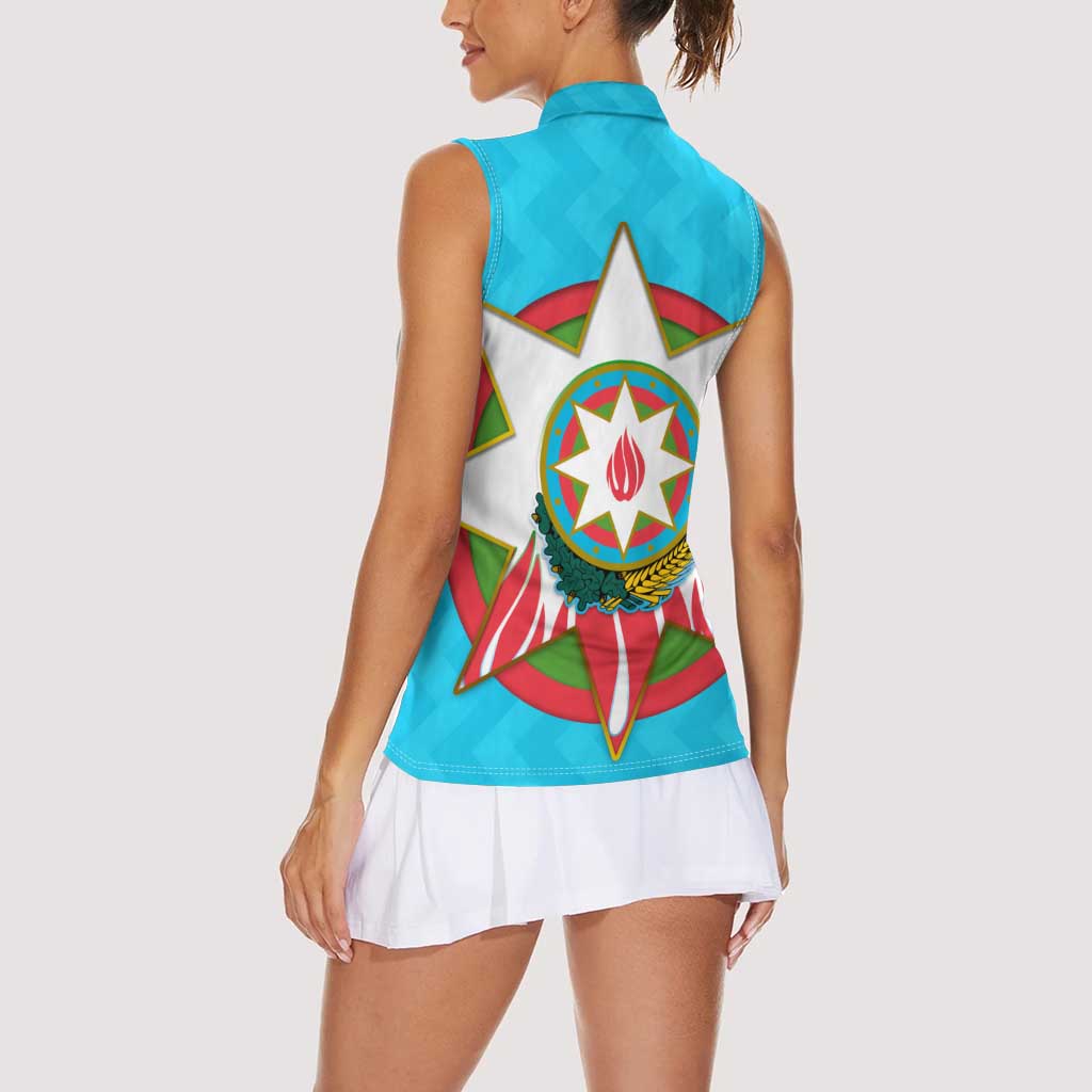 Azerbaijan National Emblem Women Sleeveless Polo Shirt with Star and Flame Design in Sky Blue